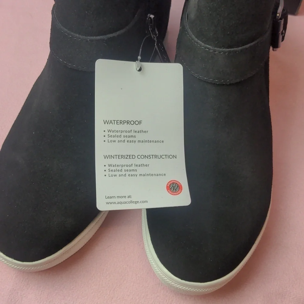 Aqua College Gayla Black Suede Leather Mink Insole Boots with Buckle Detail 6.5